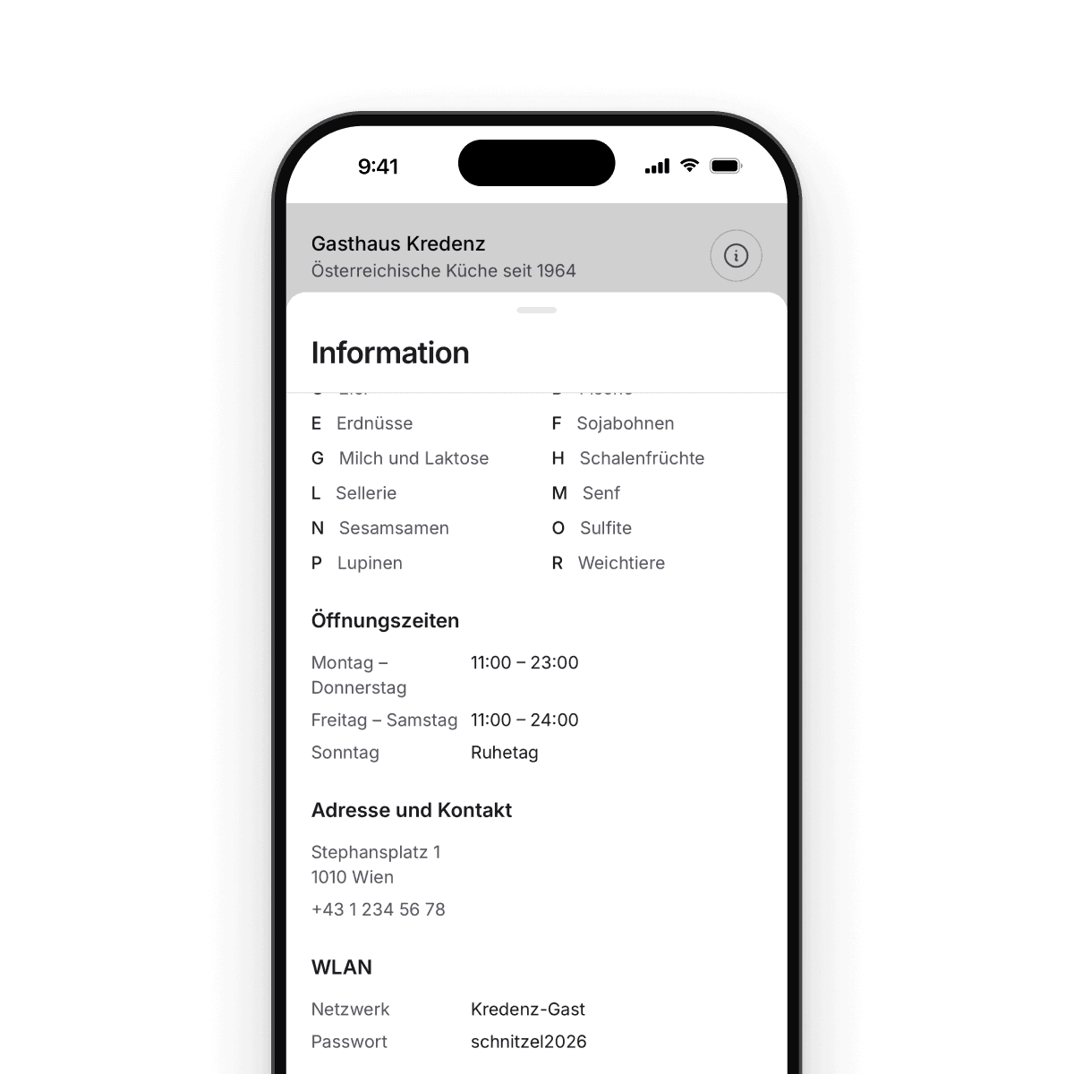 Informationen zum Lokal mit Öffnungszeiten, Adresse und WLAN-Zugang