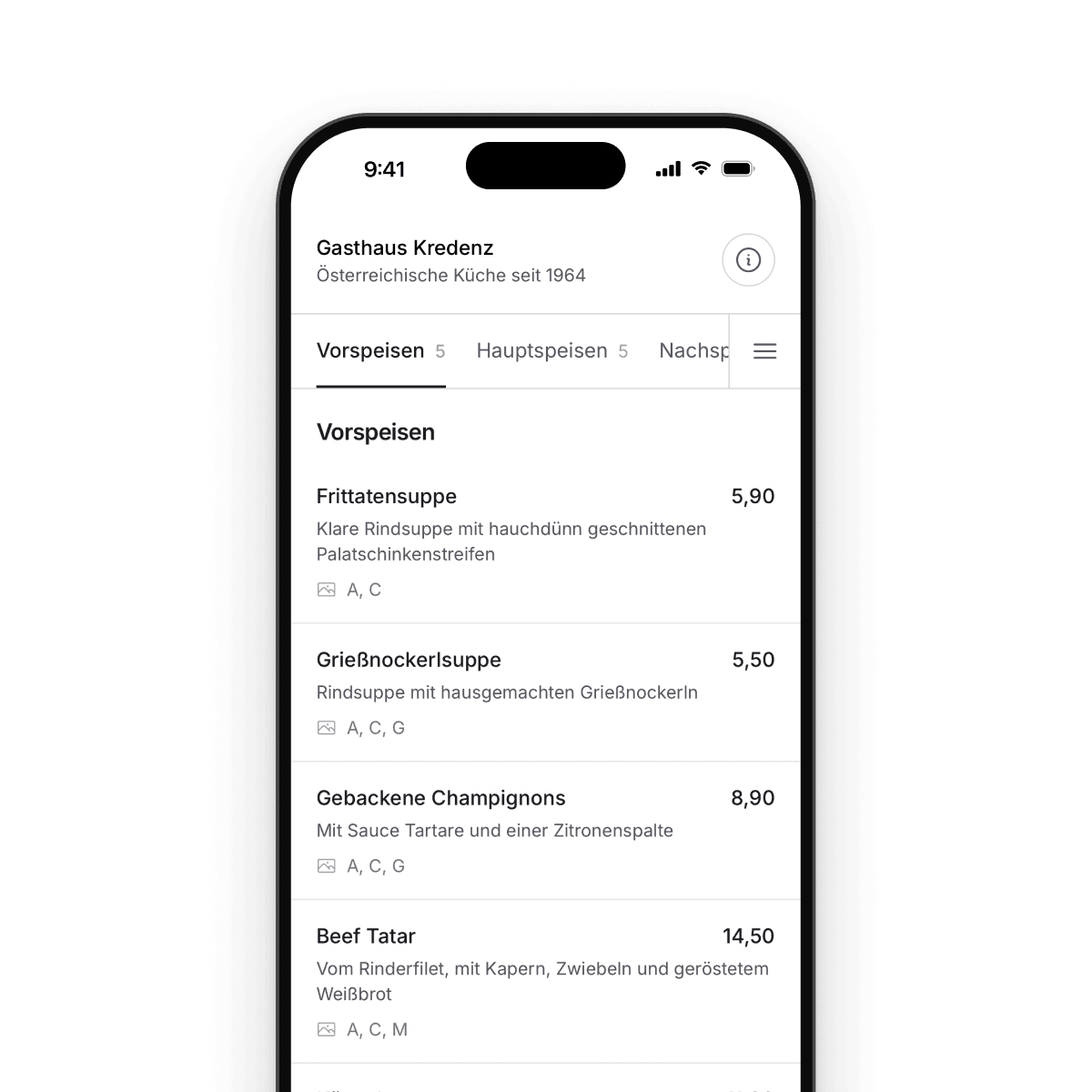 Speisekarte am Handy mit Vorspeisen, Preisen und Allergenen